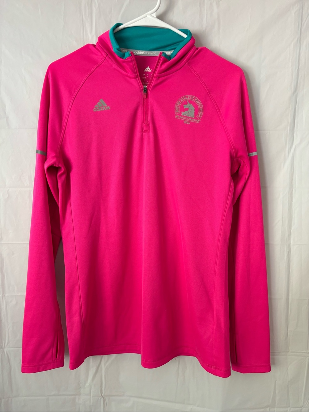 Addias Pink Boston Marathon 2016 Quarter-Zip Training Jacket SZ L Worn 1X - Picture 13 of 14